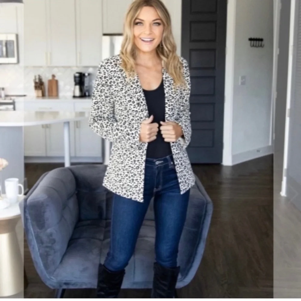 RACHEL ZOE Womens Snow Leopard Print Linen Blend Open Front Blazer Jacket S